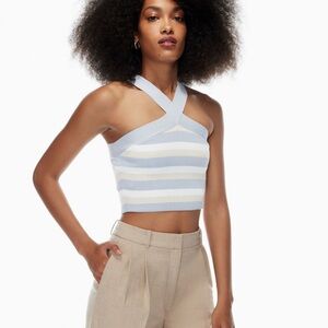 Babaton Sculpt Maroon and White Striped criss Cross-Back Crop Top medium